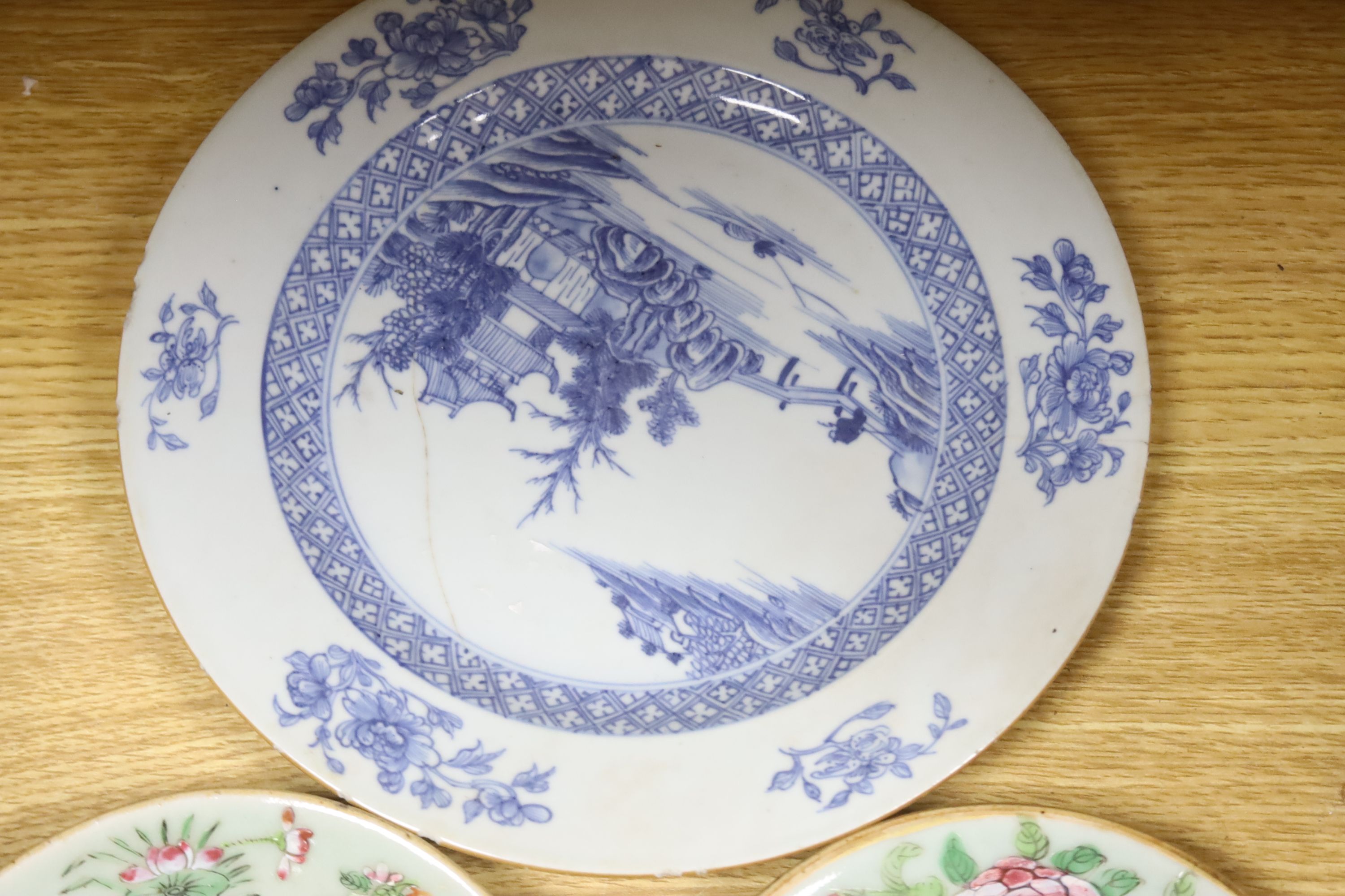 Two Chinese blue and white dishes, a famille rose vase and two Cantonese dishes, largest 23cm